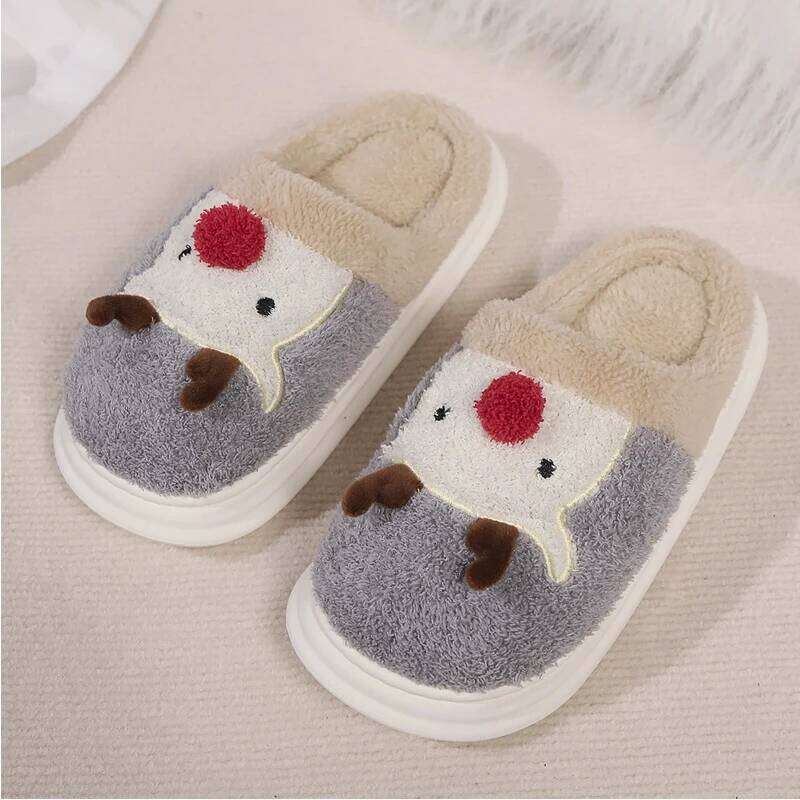 Kidmi Women's New Soft Plush Warmed Fleece Thickened Cotton Slippers Popular Deer Antler Pattern Cartoon Shoes