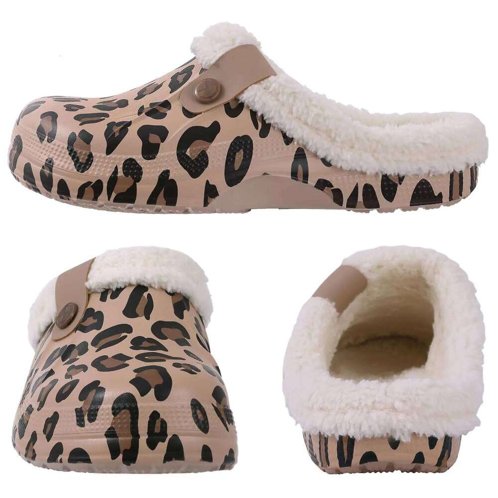 Kidmi Leopard Print Garden Clogs House Fur Lined Men Slippers Outdoor Waterproof Antiskid Shoes
