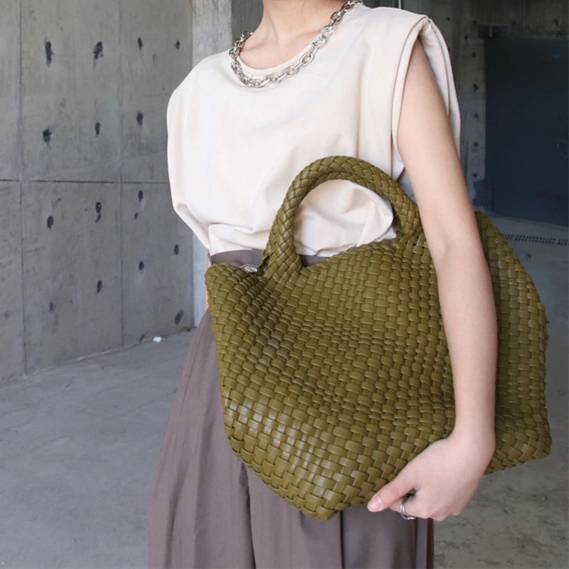 Fashion Woven Bag for Women Vegan Leather Tote Bag Medium Summer Beach Travel Handbag and Purse Retro Handmade Shoulder Bags 260303