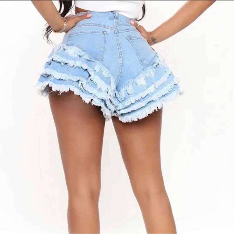 Summer Women Shorts Sexy Hot Nightclub Fetish Cuffs Spliced Denim Pants Lady Patchwork Streetwear Party Tassel Jeans XJ260305