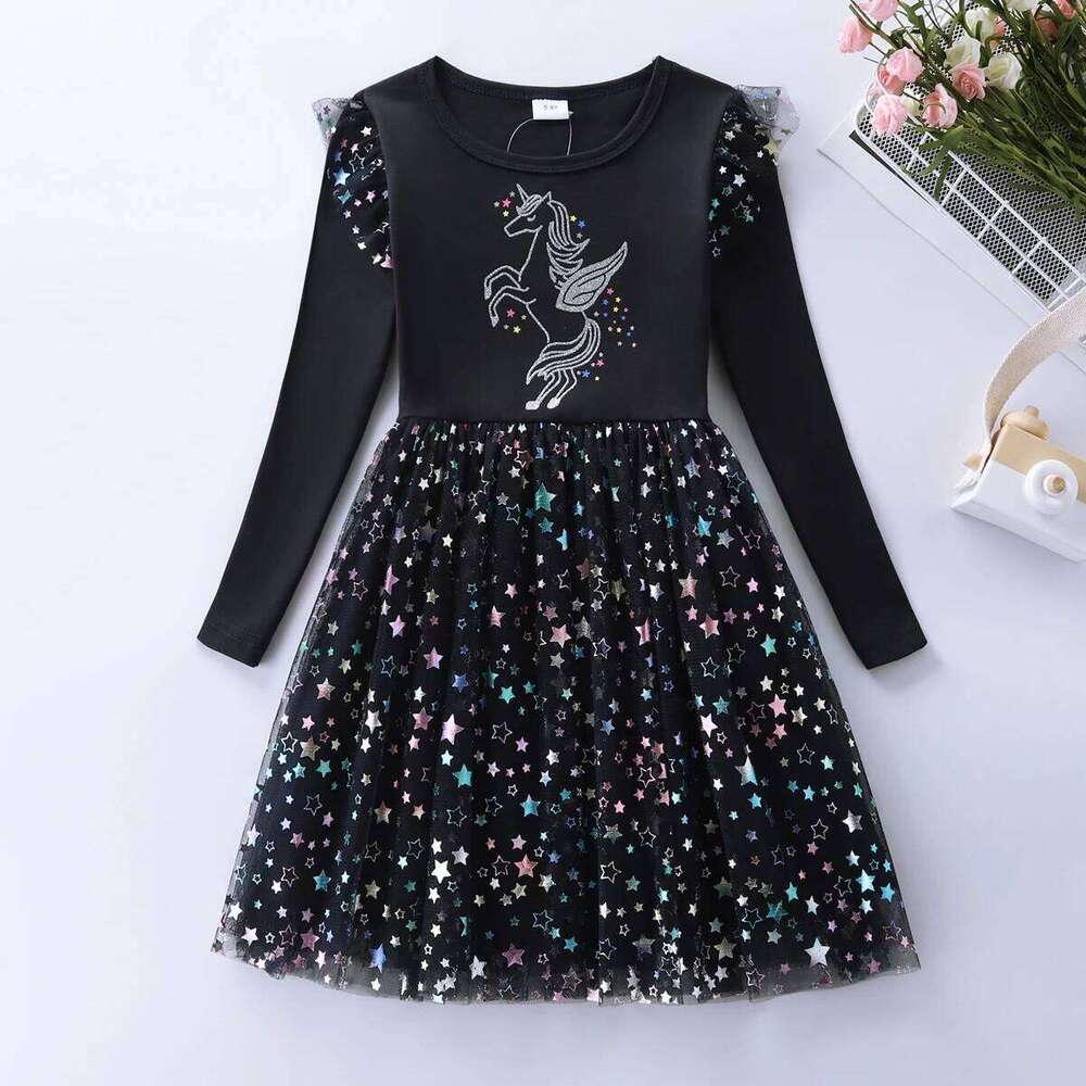 Girls' Christmas Unicorn Printed Mesh Cotton Dress LH1709 Z260304
