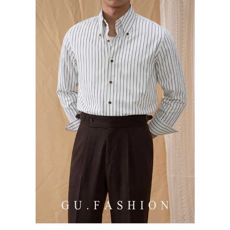 Retro British Striped Long-sLeeved Casual Corduroy Shirt Autumn Mens Business Slim Cardigan M260305