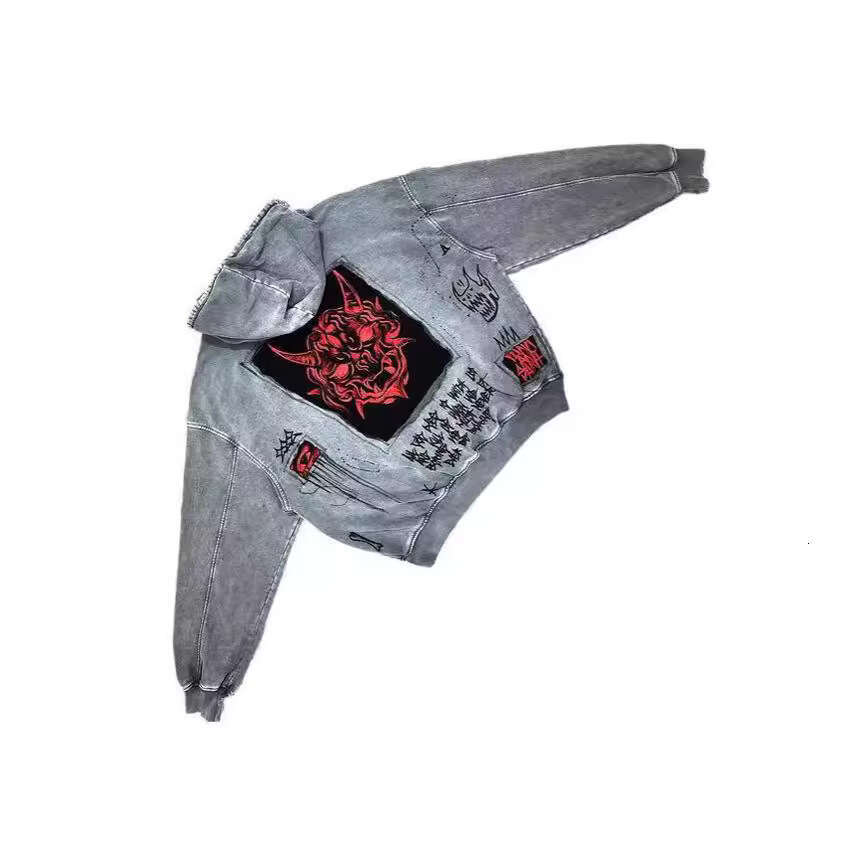 American Street Retro Y2K Unisex Demon Print Patch Heavy Loose Hooded Sweatshirt