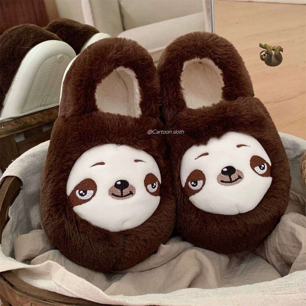 Indoor Cotton Slippers For Women Men Winter Warm Cute Cartoon Sloth Soft Plush Anti-slip Couples Home Floor Fluffy Shoes