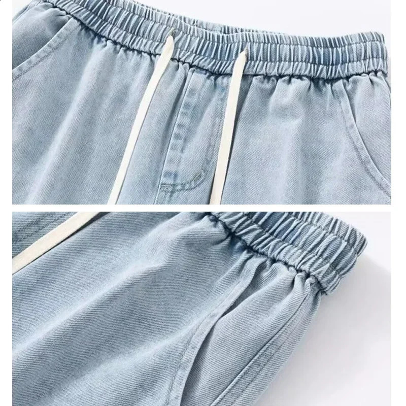 Men Casual Denim Shorts Male Comfortable Elastic Waist Straight Leg Soft Short Pants Light Blue Loose Baggy Wide Leg Jeans 260228