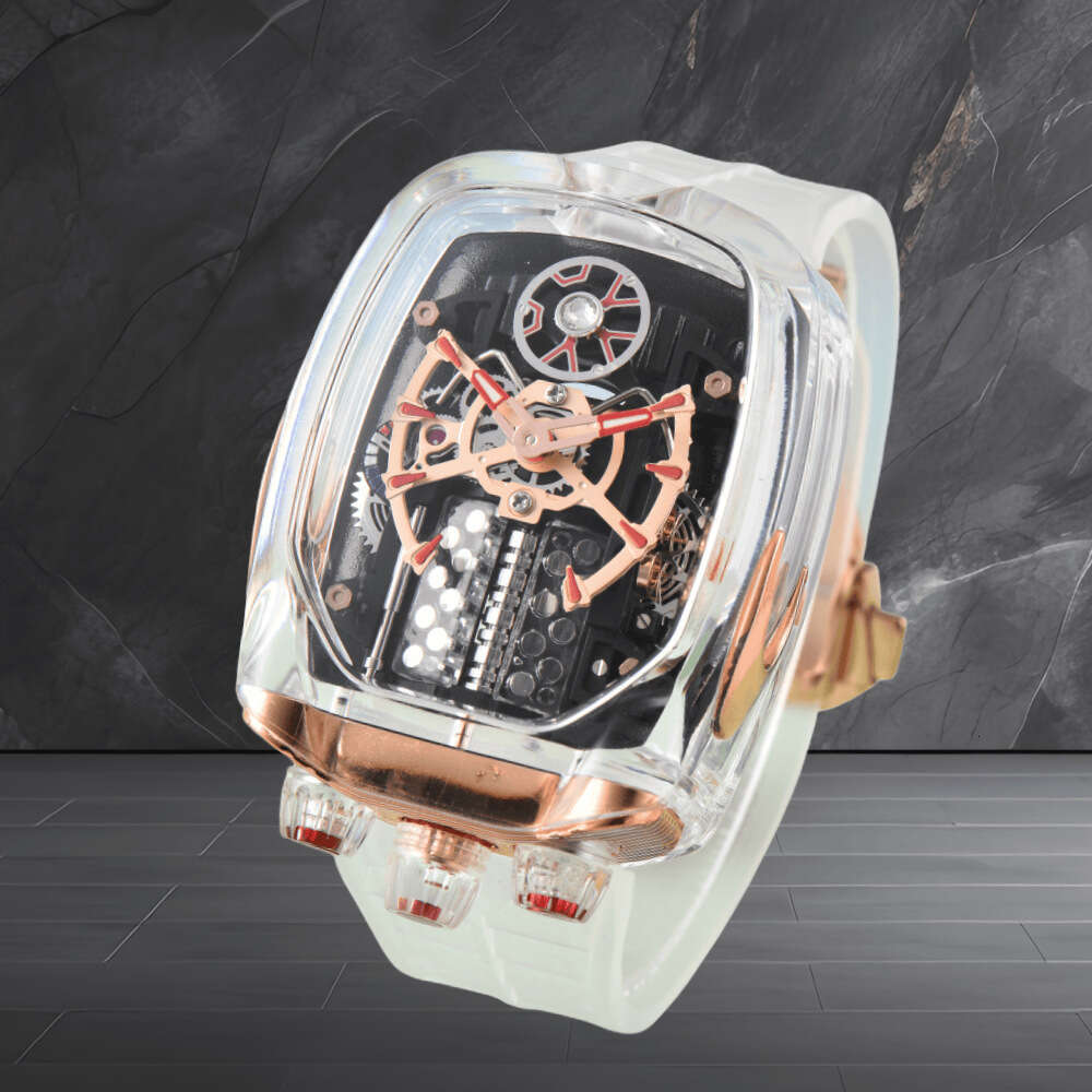 Men Transparent Skeleton Automatic Designer Watch 16 Cylinder Engine Dial Waterproof Casual Luxury Wristwatch