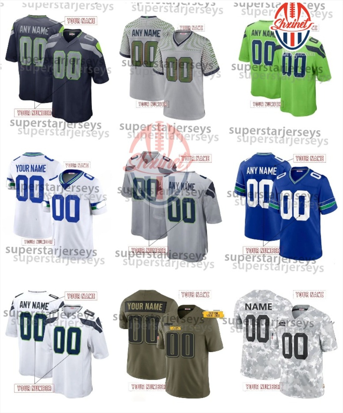 11 Jaxon Smith-Njigba 2026 Super Bowl Custom Blue/White Football Jeresy Cooper Kupp Fan Darnold Witherspoon Milroe DK Metcalf Walker III 50th Annivers