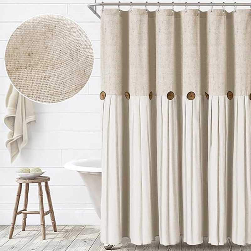YL-38298 Button-trimmed bathroom shower curtain, cotton and linen waterproof button-down bathroom curtain.