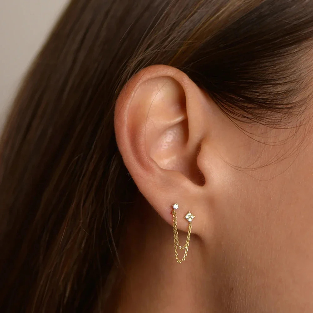 Arrival Double Ear Studs Tassel Chains Hanging Earrings for Women Ear Piercing 3 Metal Color CZ Jewelry 260303