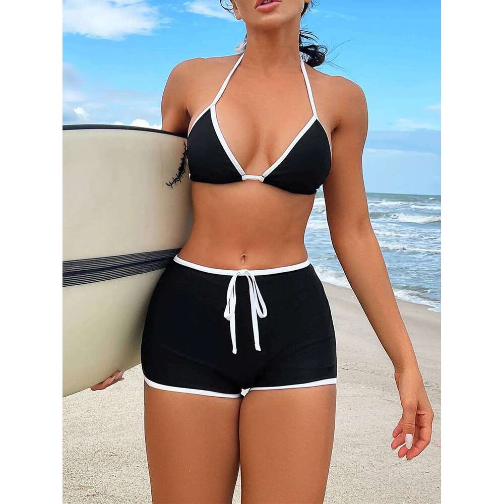 Bikini Set Black High Waist Swimsuit for Women Color Contrast 2-piece Sexy Deep V Suspender Backless Beach Bathing Suit Swimwear Y260303