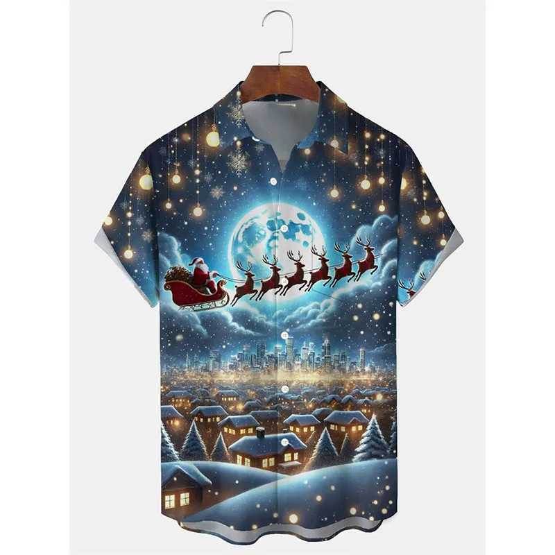 3D Print Neon Theme Christmas Tree Graphic Hawaiian Shirts New Year Merry Christmas Short Sleeve Button Shirt Xmas Trend New Tee M260305