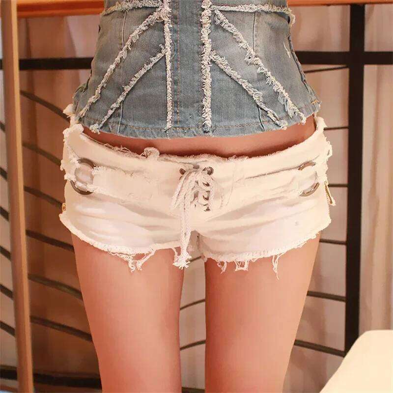 Women Side Zipper Splice Denim Shorts Lace-up Open Crotch Ultra-short Trousers Casual Three Quarter Pants Female Sexy Streetwear XJ260305