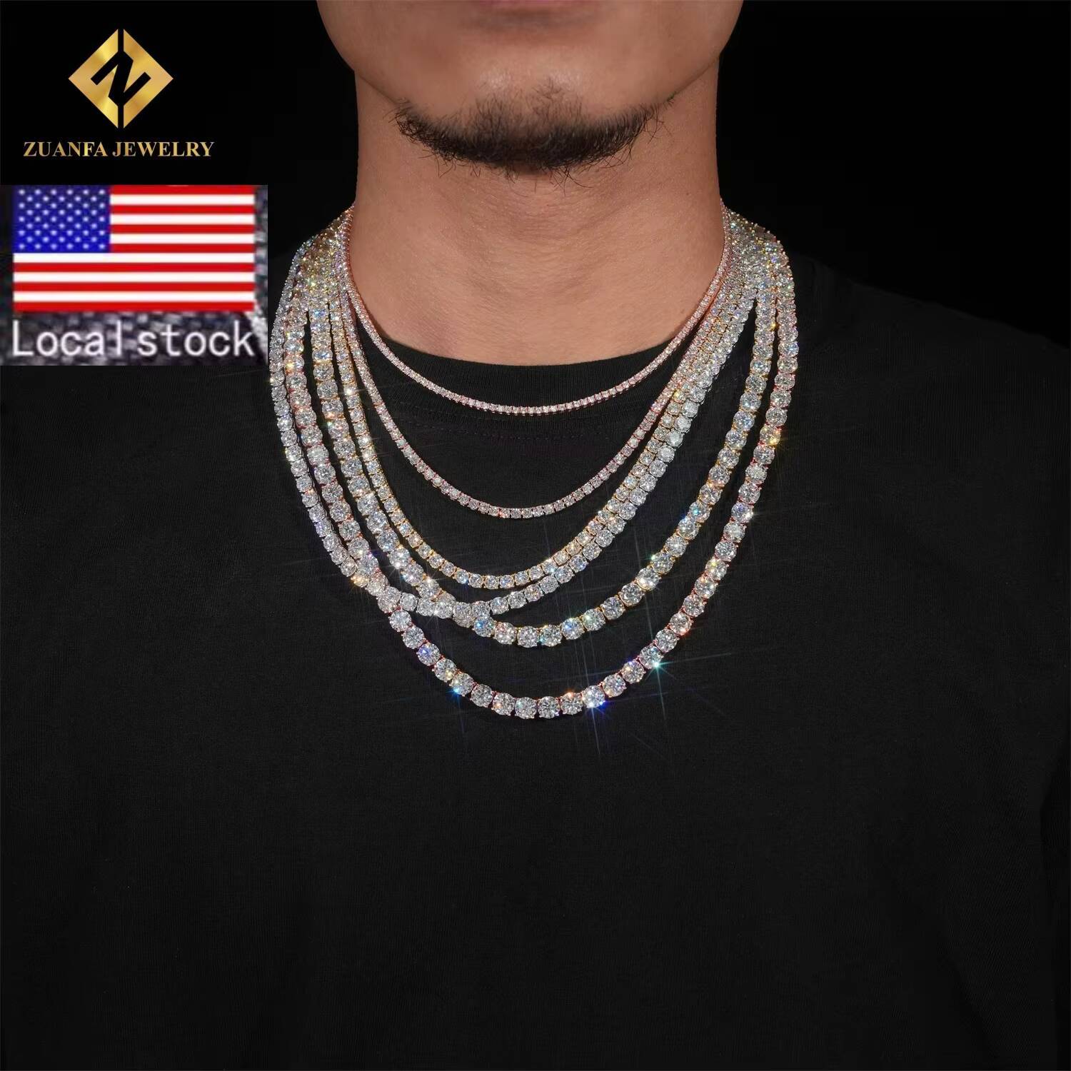 USA Stock Fast Shipping 65mm Moissanite Diamond Tennis Necklace Solid 925 Silver Iced Out Moissanite Hip Hop Tennis Chain