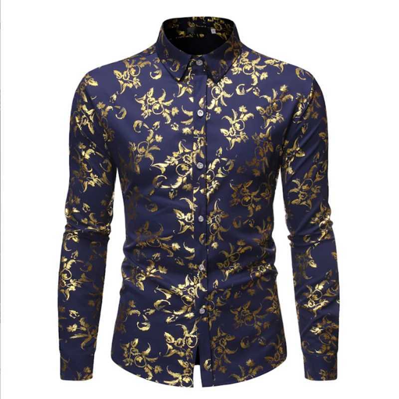 New Men Gold Stamp Printed Loose Shirt Black / White / Wine Red Fashion Male Business Social Casual Lapel Tops M260305