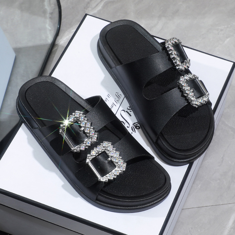 Women's Rhinestone Buckle Slide Sandals - Double Strap Flat Slippers for Casual & Beach Wear 36-41