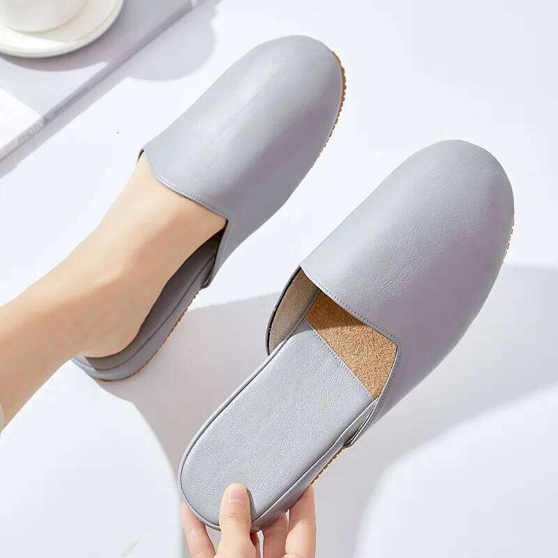 High Quality PU Leather Indoor Slippers For Women Men Office Mules Leisure House Shoes Anti-slip Solid Color Couples Home Slides