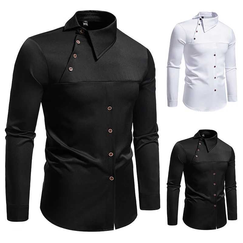 Men Long Sleeve Shirts Personality Slant Collar Mens Dress Shirt Casual Male Top Clothes Chemise Hemd Homme Shirt S55 M260305