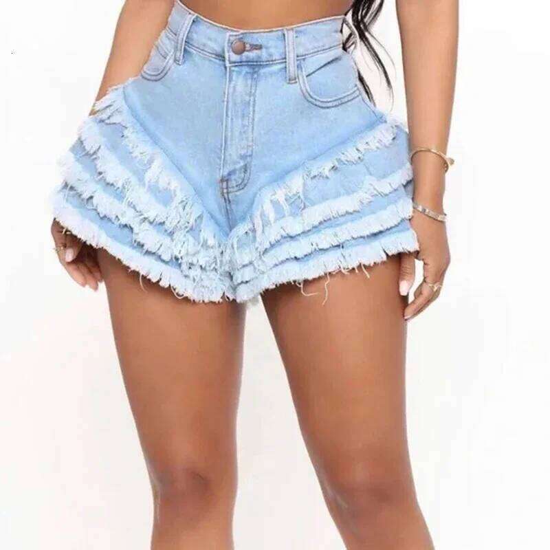 Summer Women Shorts Sexy Hot Nightclub Fetish Cuffs Spliced Denim Pants Lady Patchwork Streetwear Party Tassel Jeans XJ260305