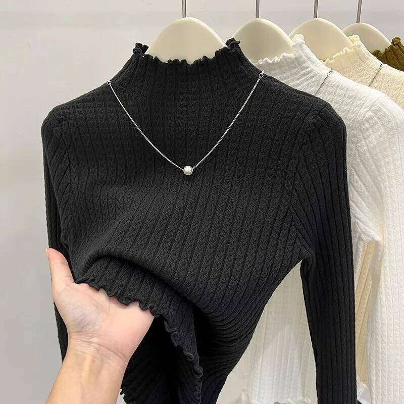 Knitted Pullovers New Long Sleeve Mock Neck White Knit Sweater Pullover Women Tops Sweaters Sueters De Mujer Q983 XJ260305