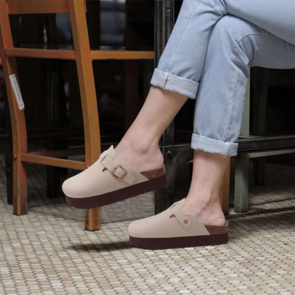 Kidmi Platform Women's Mules Cork Clogs Outdoor Deep Heels Waterproof Beach Slippers With Arch Support