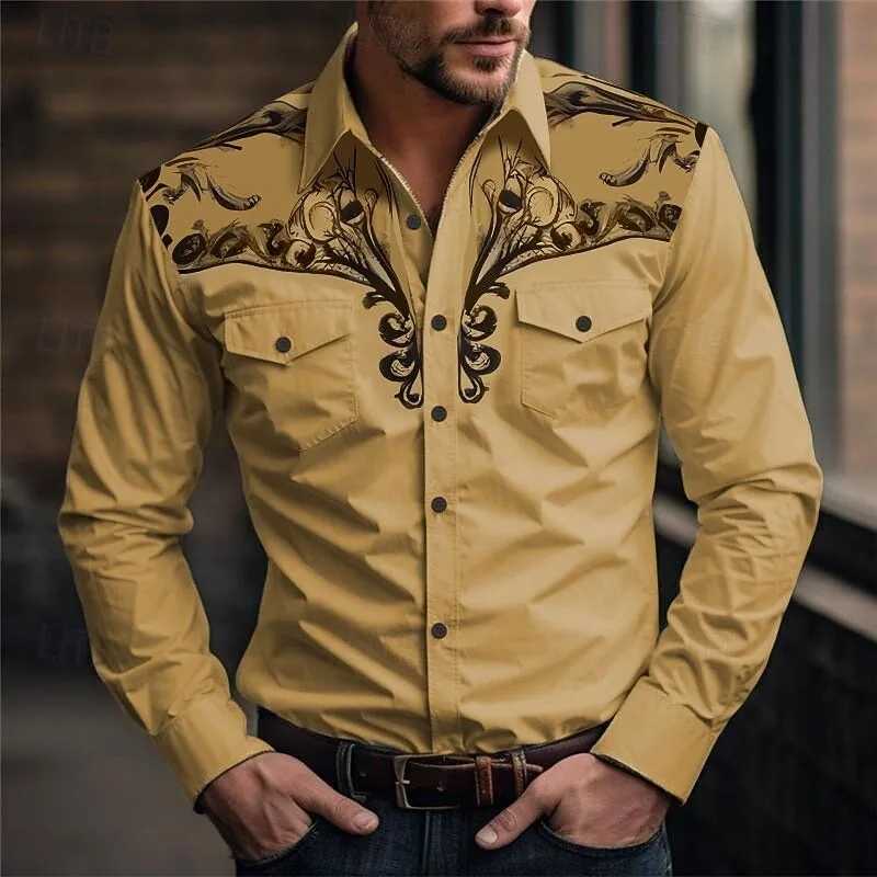 New Mens Long Sleeve Shirt 3D Vintage Print Casual Fashion Western Style Cowboy Style Mens Flap-Collar Shirt M260305