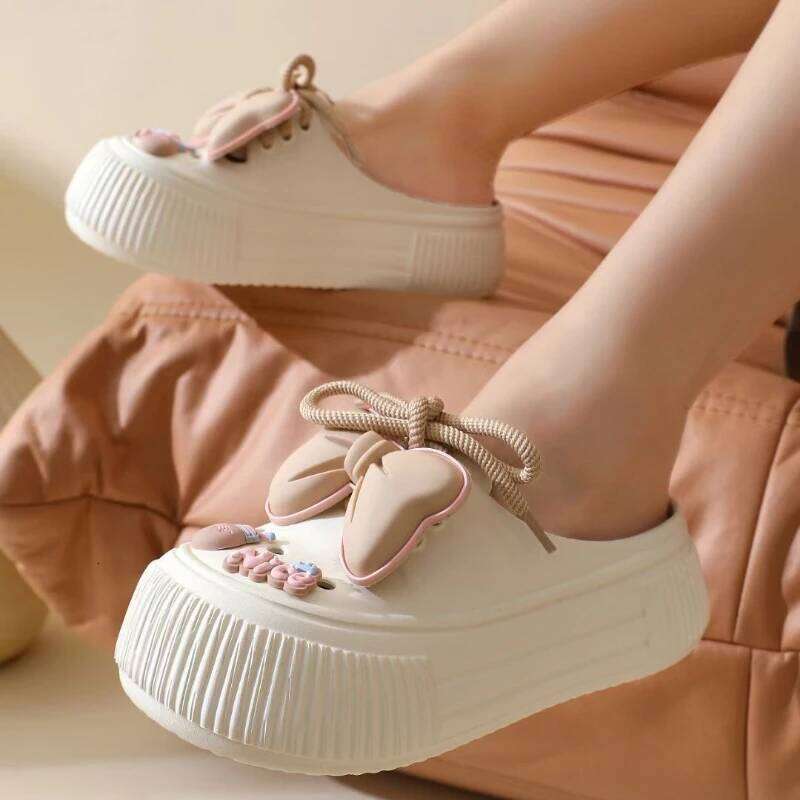 2025 New Slippers DIY Bow Platform Sandals for Women Summer Thick Sole Beach Slides Woman Flowers Non Slip Clogs Garden Shoes
