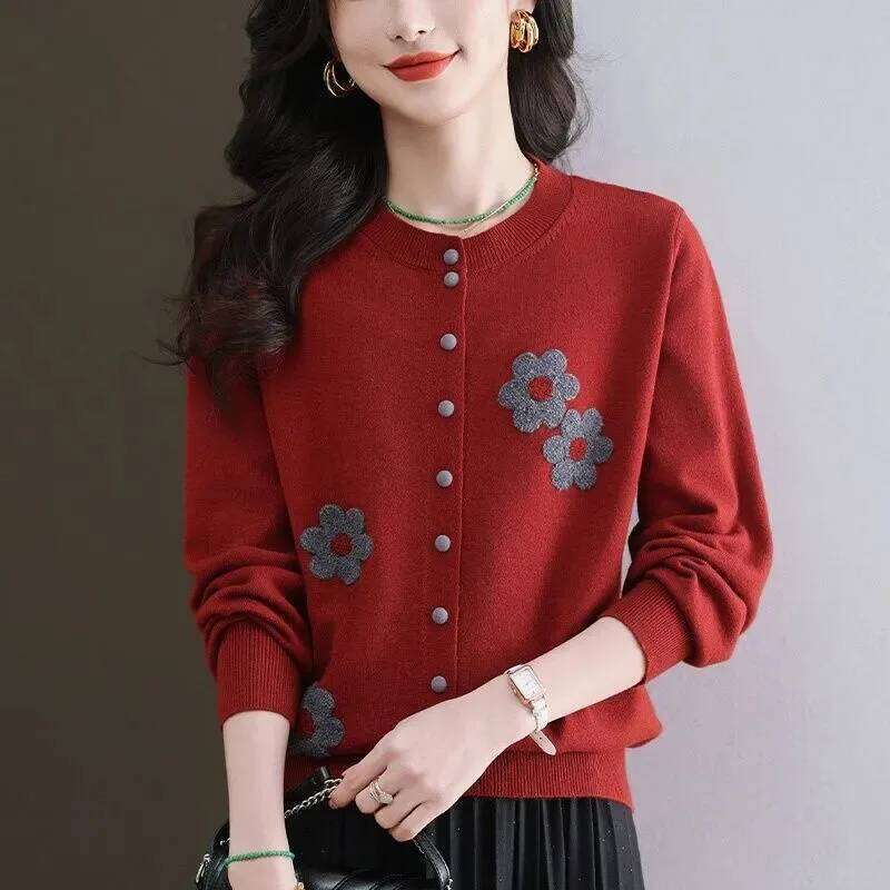 Flower Contrast Color Knitted Cardigan Round Neck Sweater Jacket Women's Top XJ260305