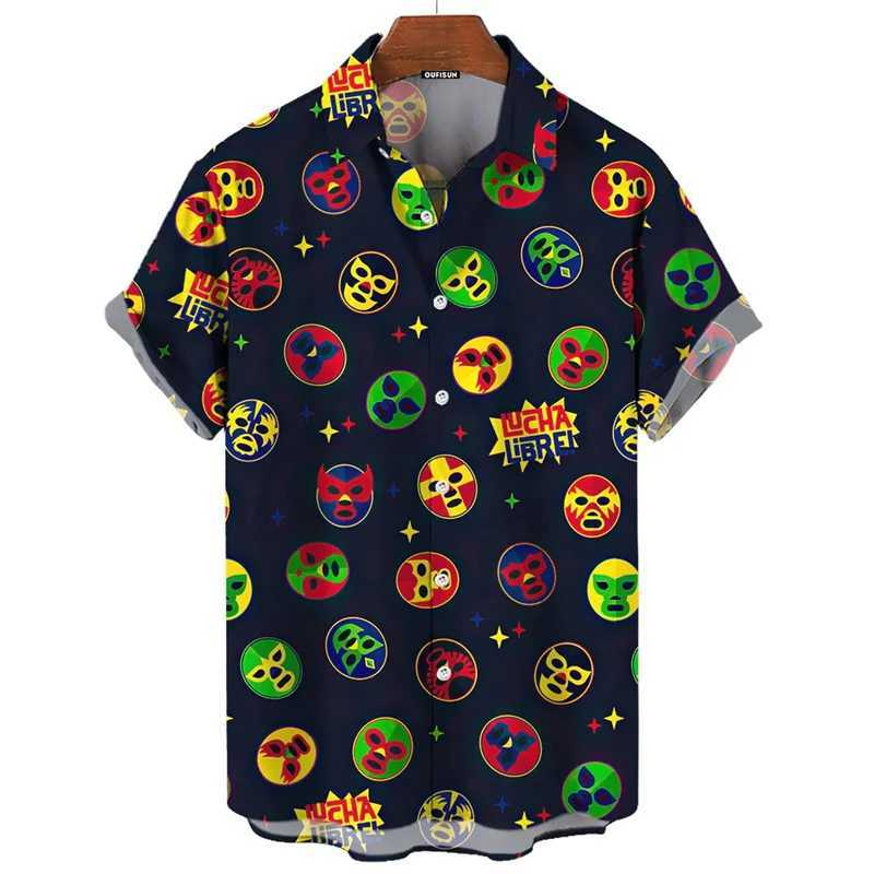 Hawaiian Shirt for Men Mexican Wrestling Print Mens Shirt Streetwear Fashion Summer New Short Sleeve Top Mens Trendy Clothing M260305