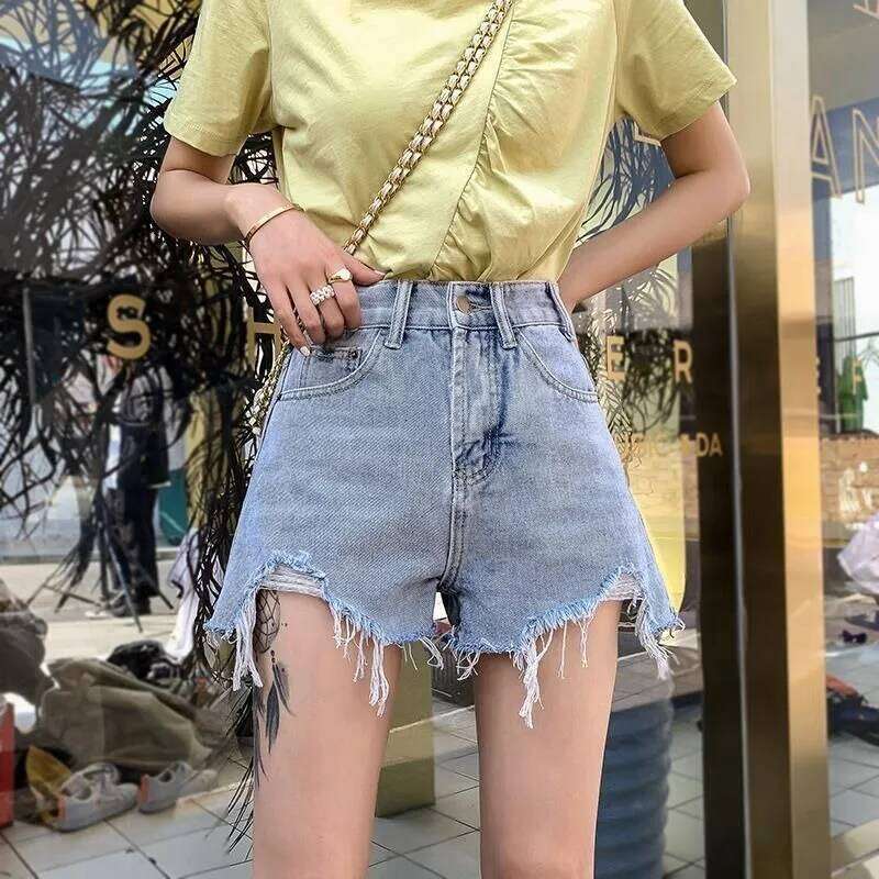 Ins new perforated denim shorts women in summer Korean version high waist slim and versatile for wearing outside internet fa XJ260305
