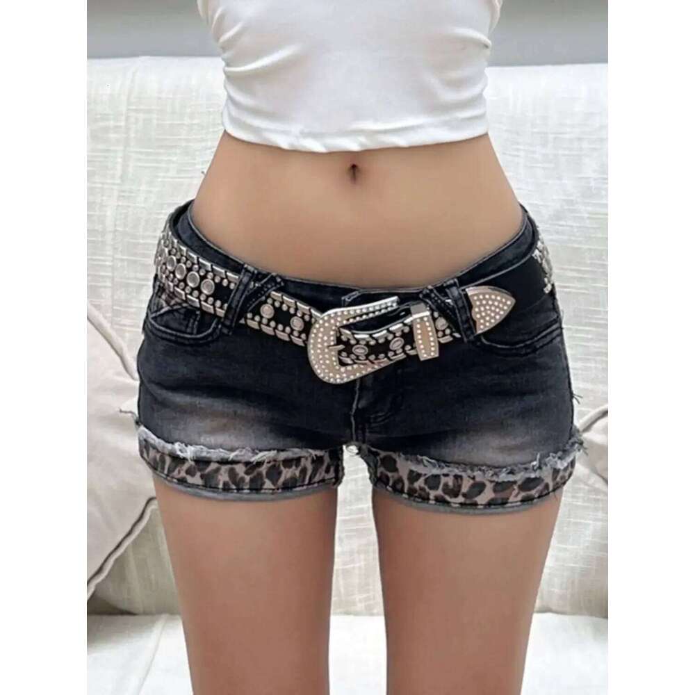 Women Emo Y2K Korean Streetwear Leopard Print Denim Mini Acubi Shorts Button Sexy Low Rise Short Trousers 2000s Alt Clothes XJ260305