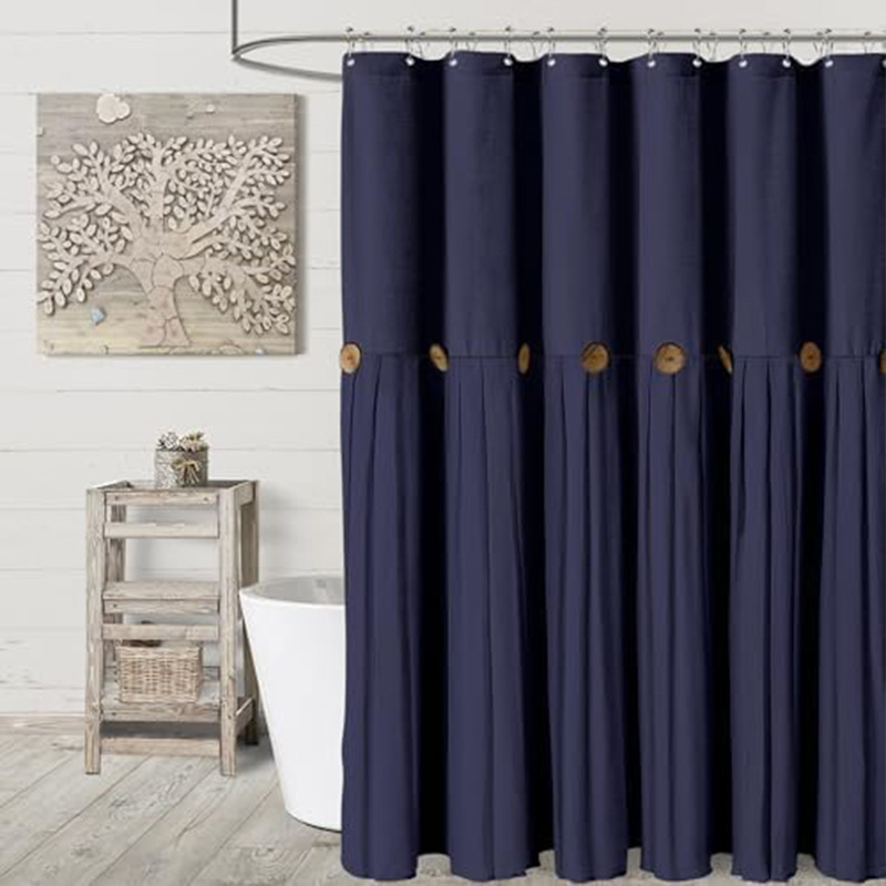 YL-38300 Button-Patchwork Skirted Bathroom Shower Curtain, Cotton Linen Waterproof Button-Patchwork Bathroom Curtain