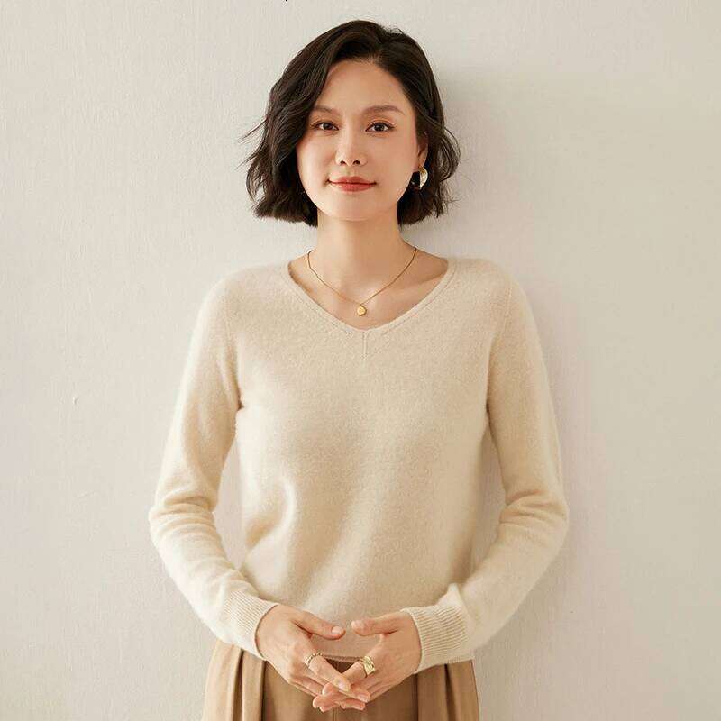 Sweater V-Neck Long Sleeve 100% Pure Cashmere Fall Winter Warm Soft Knit Pullover New Knitted Tops Women's Clothing XJ260305