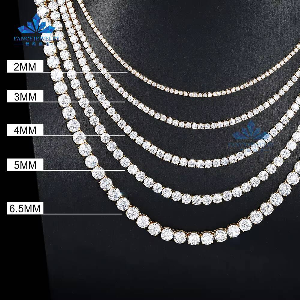 Trendy High Polished 925 Silver White Gold 2-65mm Round VVS Moissanite Diamond Tennis Chain Necklace Hip Hop Fashion for Girl