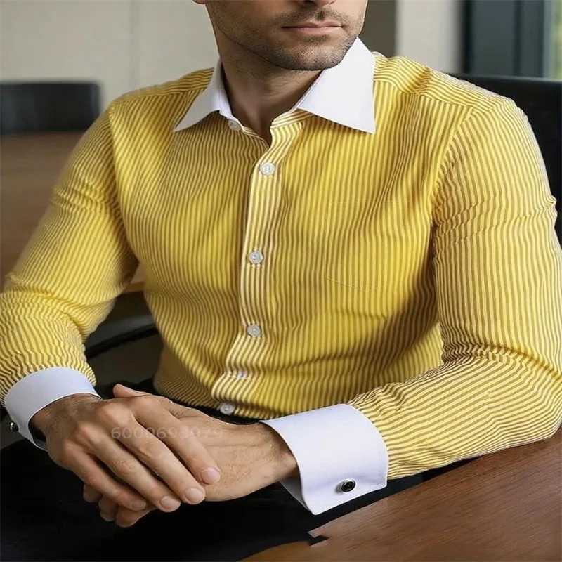 2025 Mens Retro Casual Striped Shirt Social Formal Contrast Color British Style Long Sleeve Shirt Fast Delivery M260305