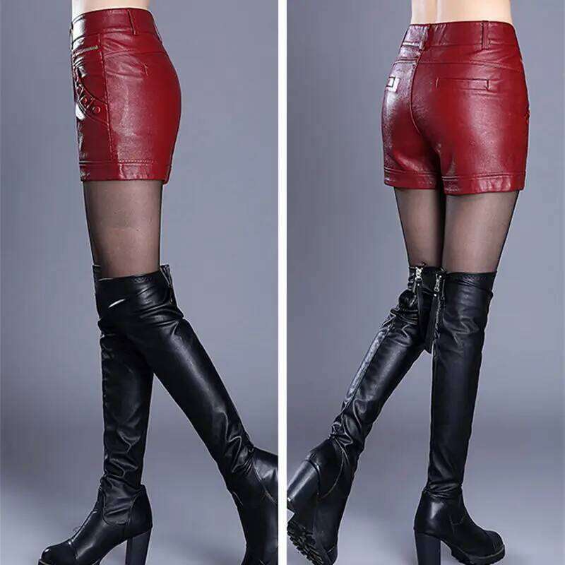 Leather Autumn Winter PU Sexy Casual Straight Slim High Waist Short Women Shorts Large Size XJ260305