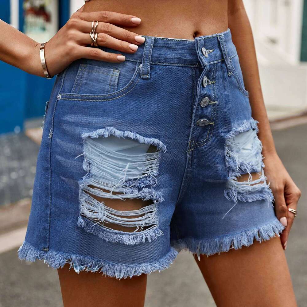 New Personality Washed Ripped Denim Shorts. Ladies Summer Fashion A Row of Buttons Rough Edge Design Casual High-waisted Shorts XJ260305