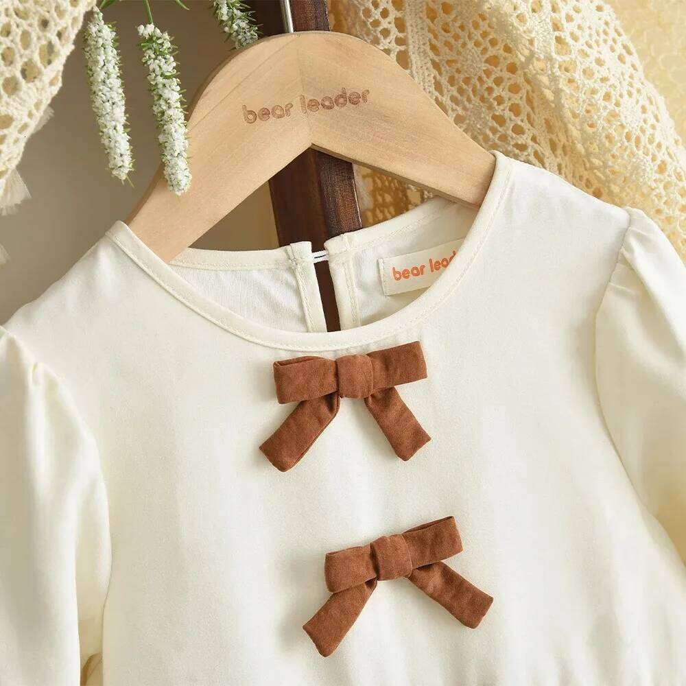 Beige Girls Dresses Autumn Long Sleeved Bow Decoration Princess Dress Fashionable and Simple Children's Casual Wear Z260304