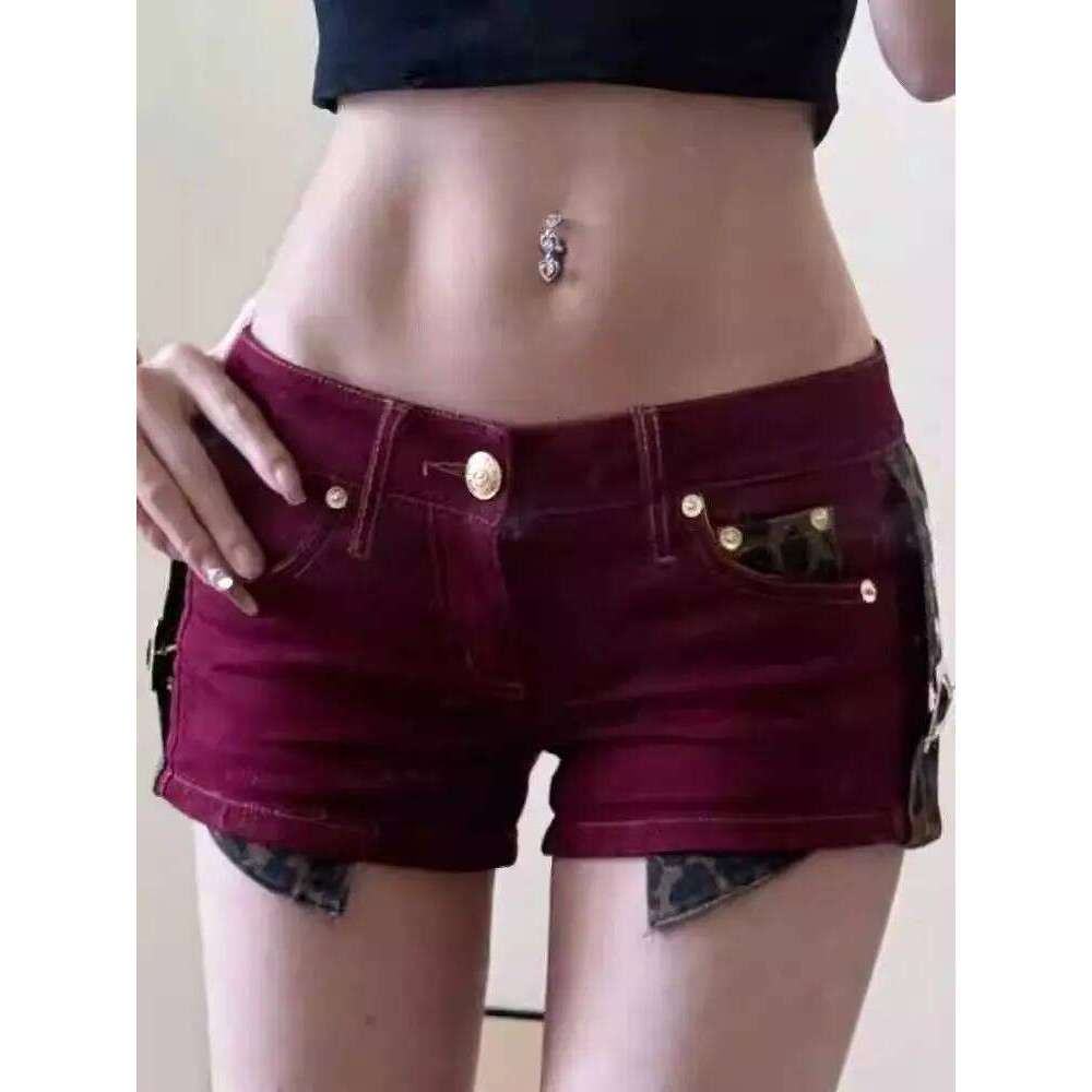 2026 Summer New Retro Red Leopard Print Splicing Super Shorts Women Sexy Low-rise Slim-fit Hot Pants XJ260305