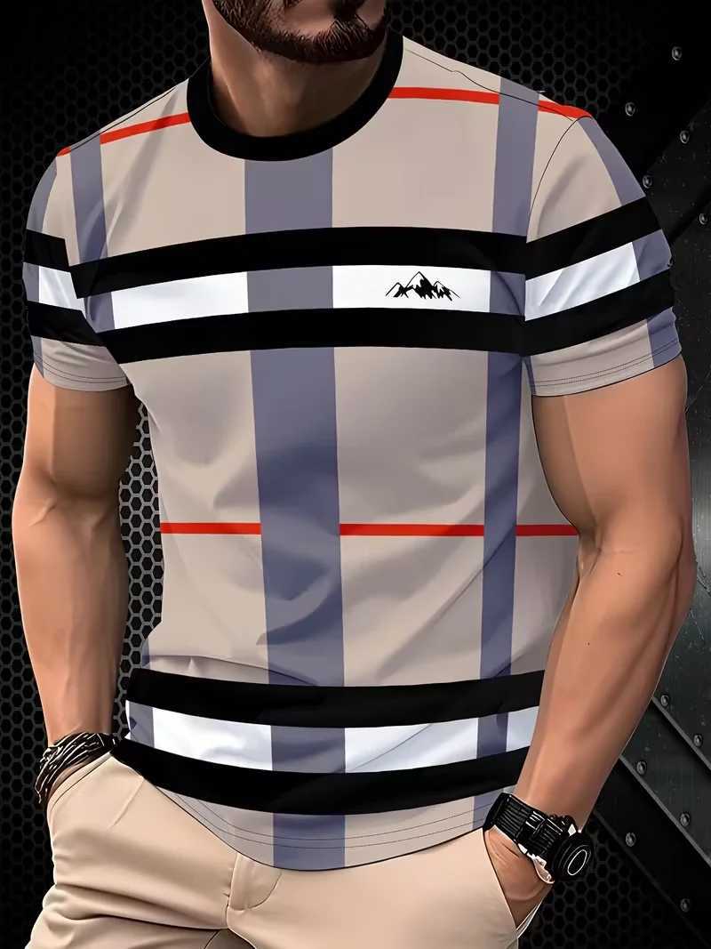 Mens Summer Plaid Striped T-Shirt Beige Gray Color Block Slim Fit Casual Crew Neck Tee for Daily Wear M260305