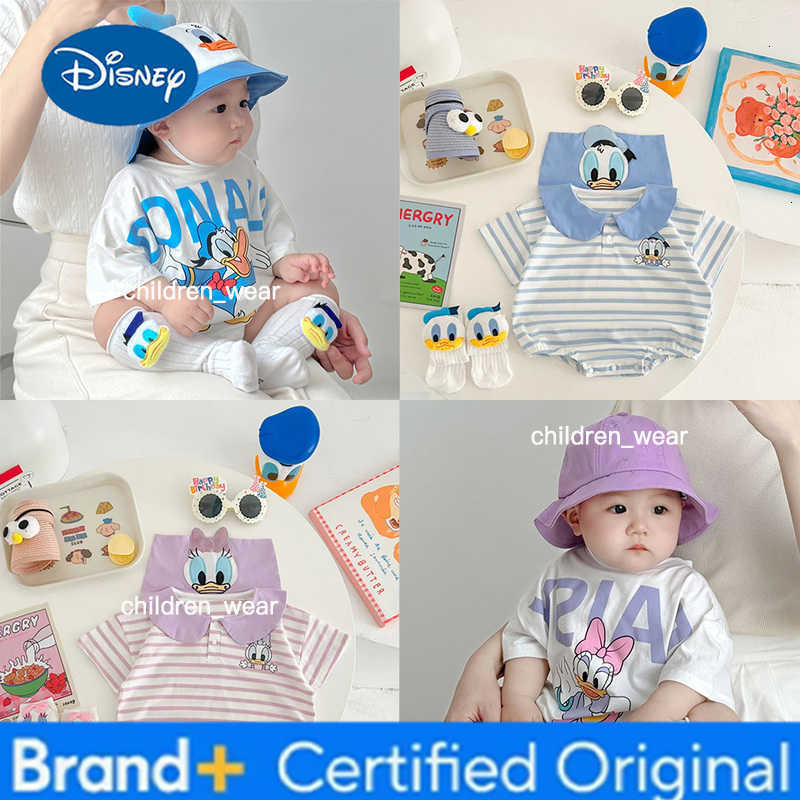 Disney Summer Striped Navy Collar Cartoon Bodysuits Mickey Mouse Donald Daisy Duck Toddler Cotton Rompers Outfits for Girl Boy H260305