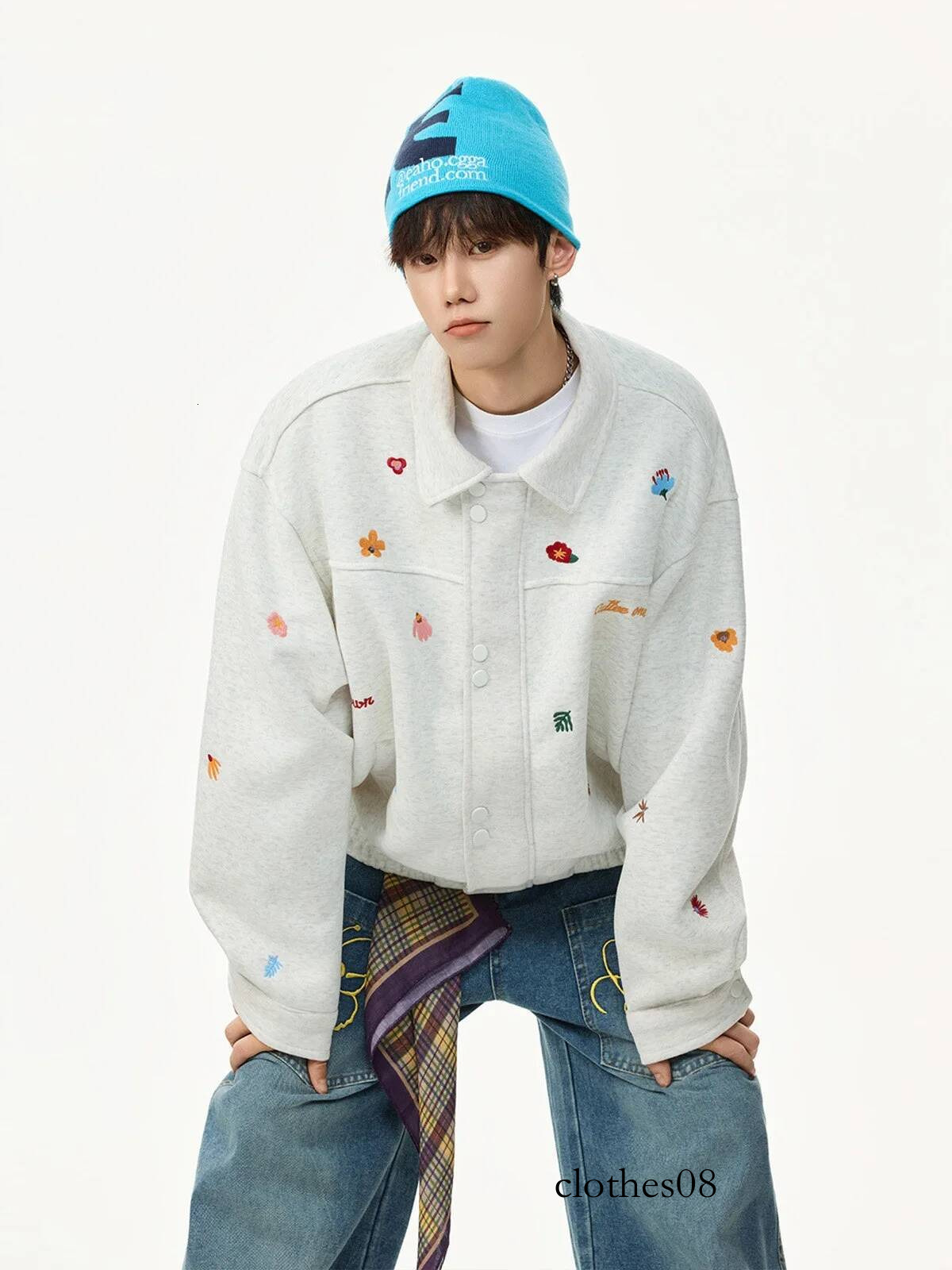 Floral Embroidered Fleece Lined Casual Collar Jacket Men's Spring New Style Comfortable Wearing Leisure Workwear Coat