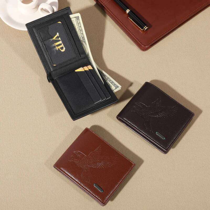 Eagle-Embossed Black PU Leather Men's Wallet: Waterproof Scratch-Resistant with Plaid Detail, Large Capacity & Multiple Card S C260304