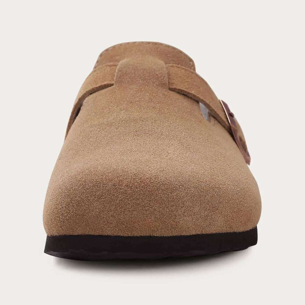 Kidmi Classic Mules For Womens New Winter Genuine Fur Suede Clogs Cork Footbed Cozy Fuzzy Slippers With Adjustable Buckle