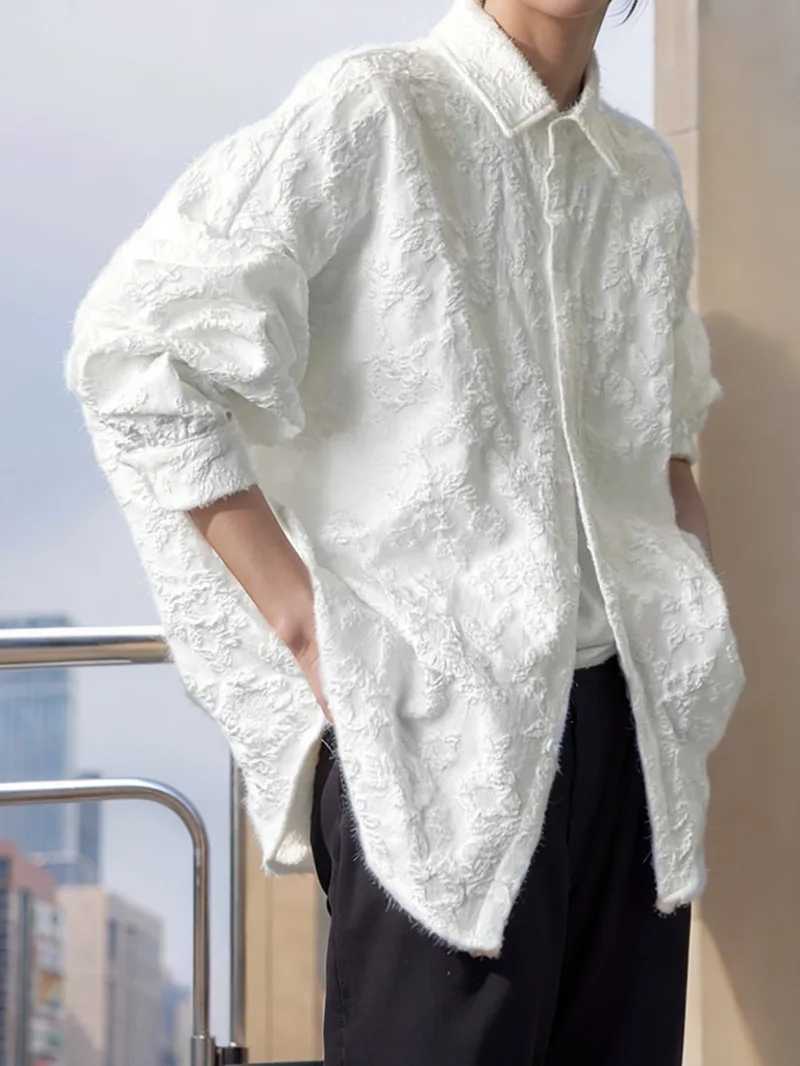 2XL White New Crumpled Jacquard Shirt Loose Fashion Solid Color Casual Turn-down Collar Top New All-match Bat Wing Sleeve P7W M260305