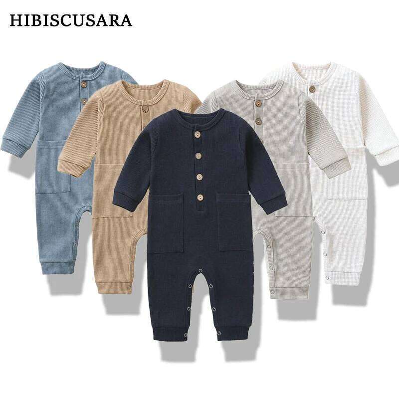 Spring Autumn Newborn Baby Romper Cotton Solid Soft Infant Jumpsuit With Pocket Girl Boy Long Sleeve Bebe Pajamas Wodden Buttons Z260304