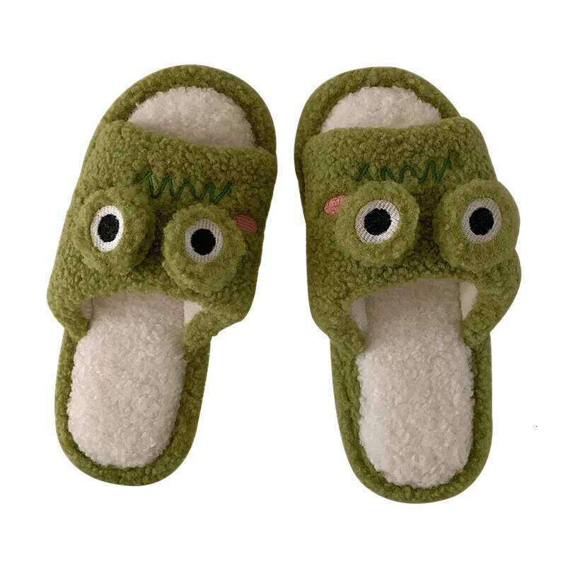 Faux Fur Slippers Cute Cartoon Frog Home Slipper Women Men Winter Warm Shoes Soft Plush Lovers Indoor House Floor Slides