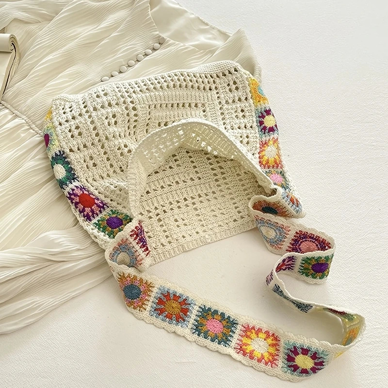 Womens Boho Crochet Bag Flowers Knitted Handbags Large Capacity Summer Beach Woven Shoulder Bag Girls Tote Shopper Bag 260303