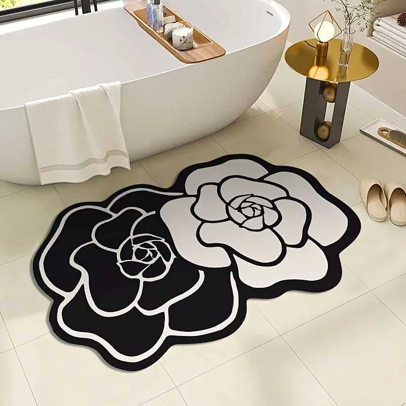 Elegant Floral Non-Slip Mat Quick-Dry Absorbent Black & White Rose for Bathroom Laundry RoomT260305