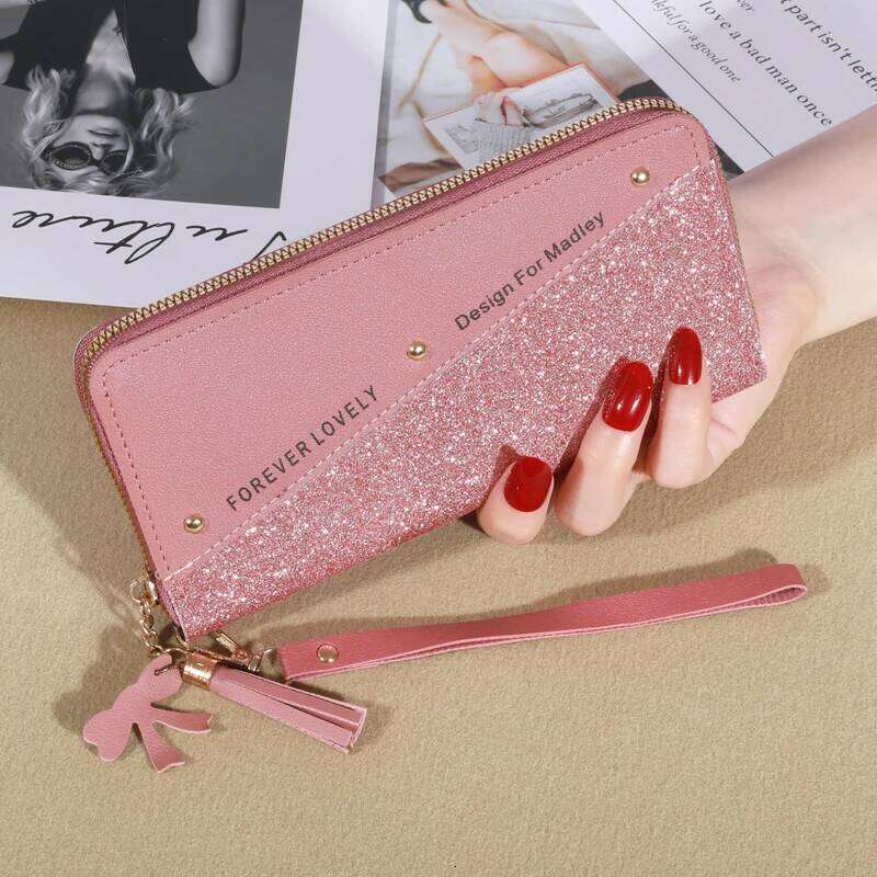 KISMIS New Long Women's Zipper Wallet - Korean Splicing, Color Contrast, Tassel, and Rivet Details C260304