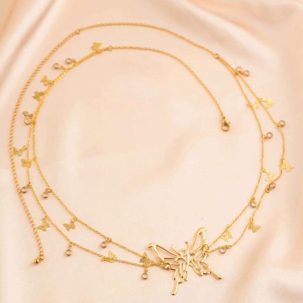New Trendy Sexy Waist Jewelry Belt Double-layer Golded Metal Hollow Butterfly Tassel Belly Chain Women's Beach Accessories S260304